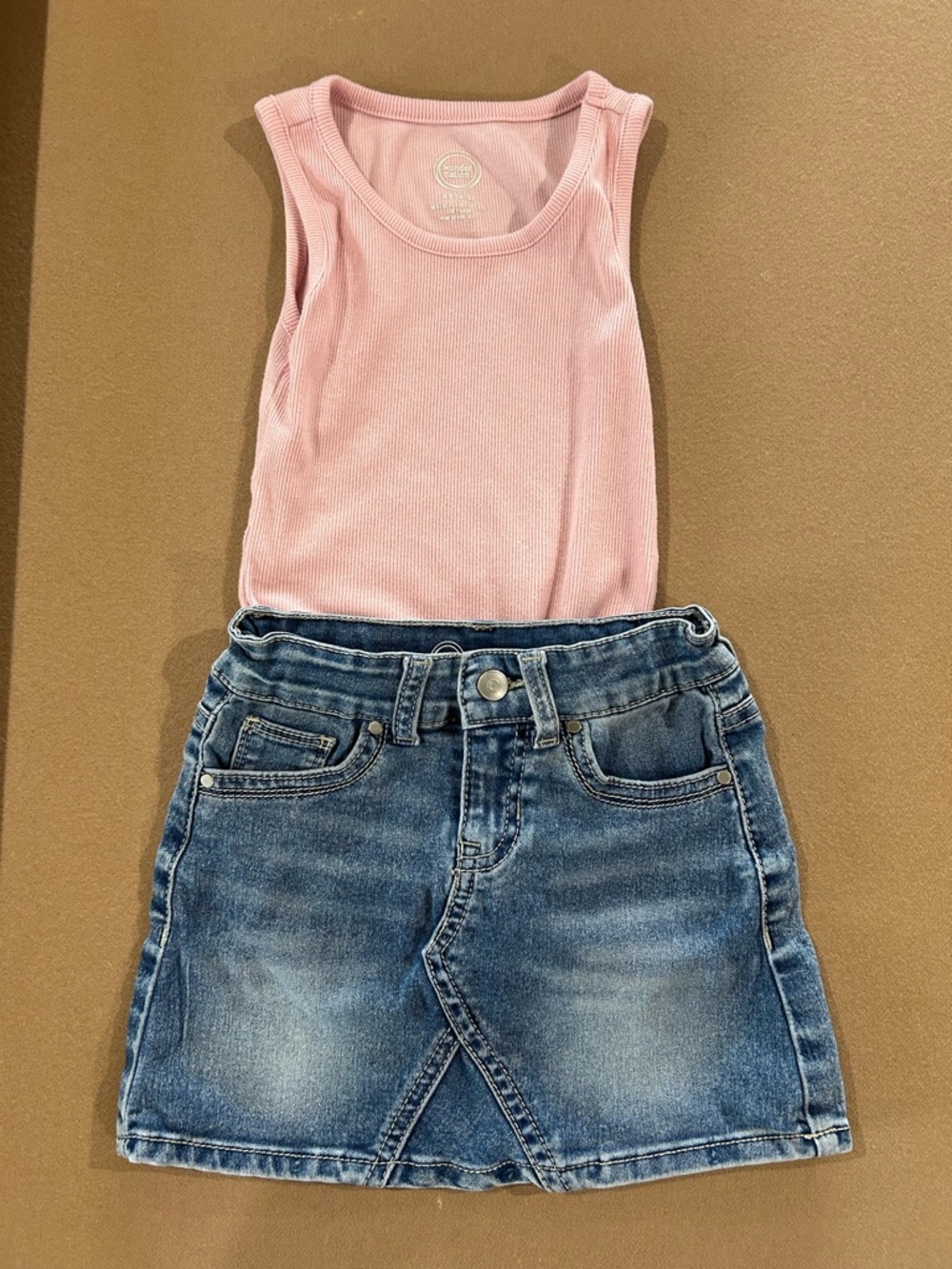 Wonder Nation Light Blue Denim Skirt, Pink ribbed tank top